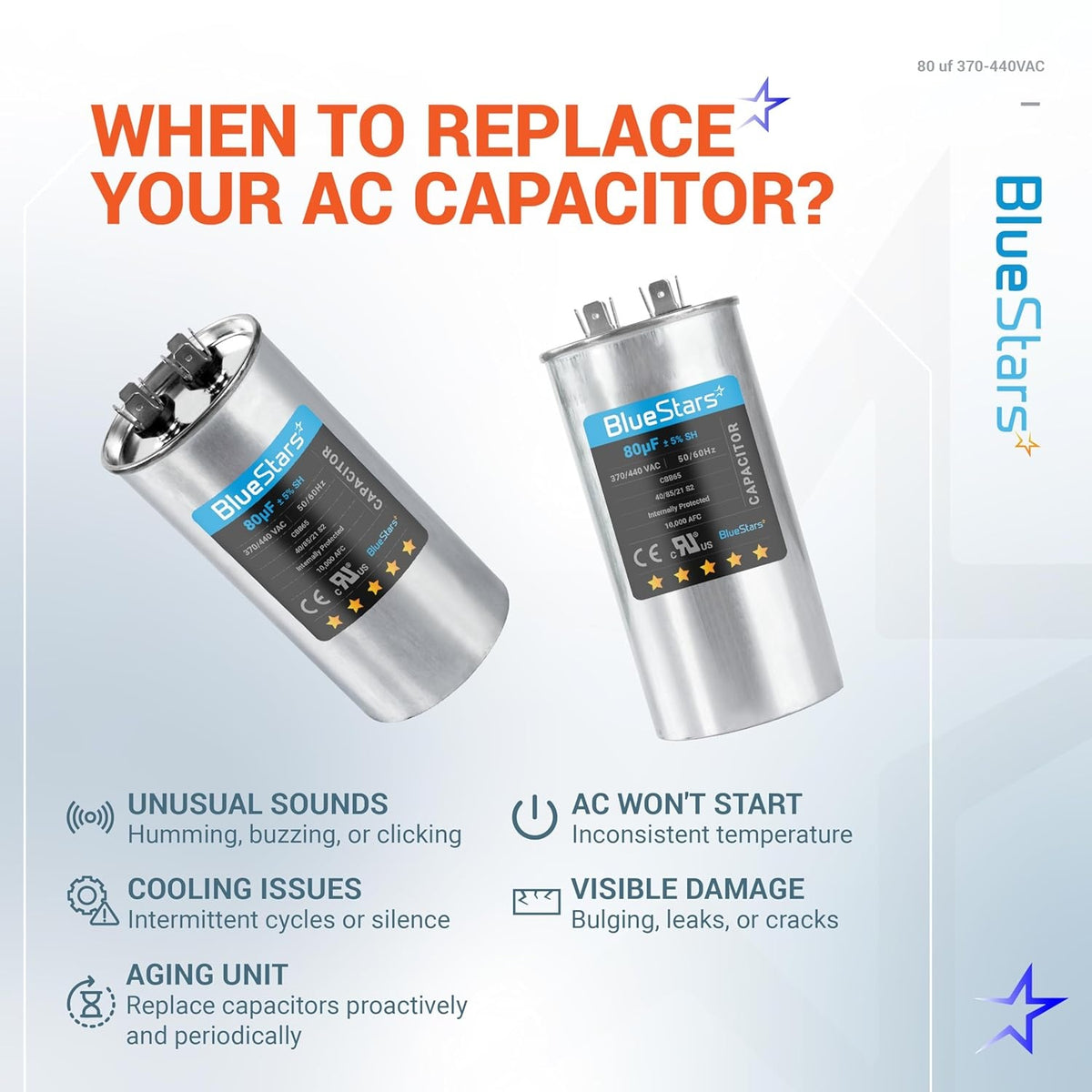 Infographic showing when to replace 80 uF 370/440 VAC CBB65 round run start capacitors for AC motors and heat pumps.