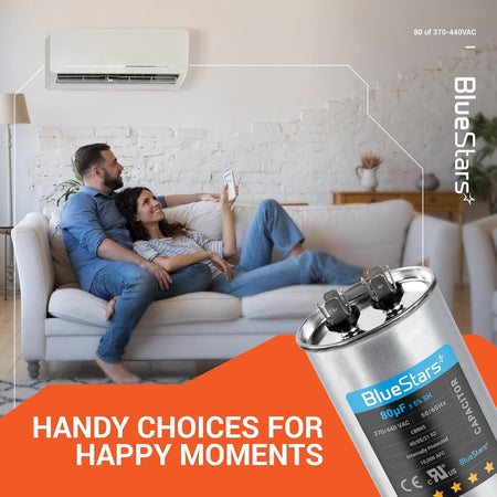 80 uF CBB65 round run capacitor for AC and heat pump systems shown in a lifestyle marketing graphic.