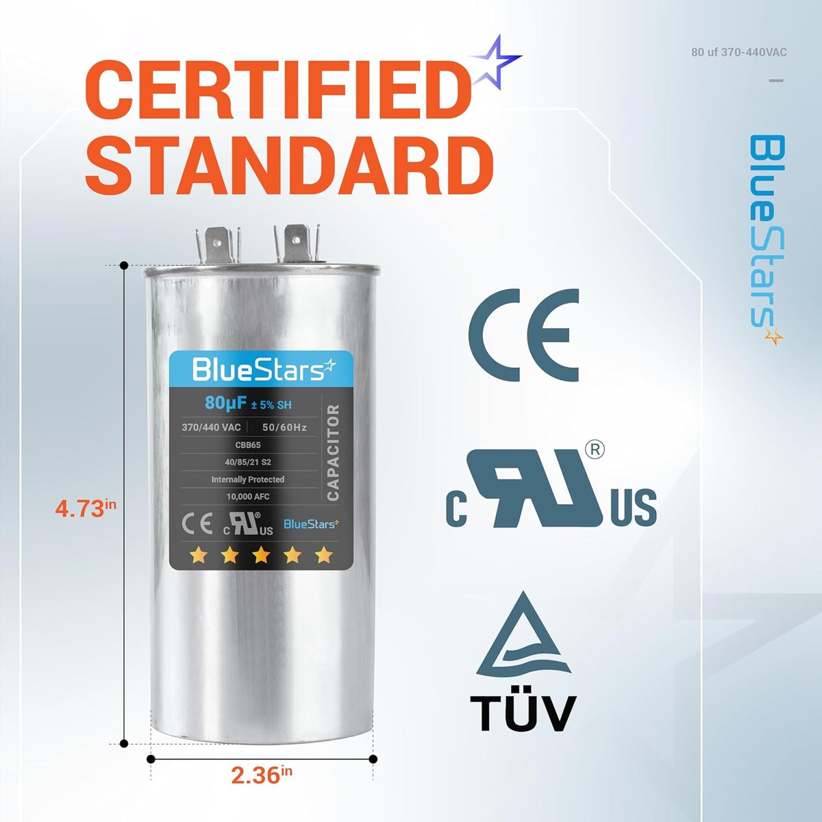80 uF CBB65 round run capacitor with technical specifications and dimensions diagram.