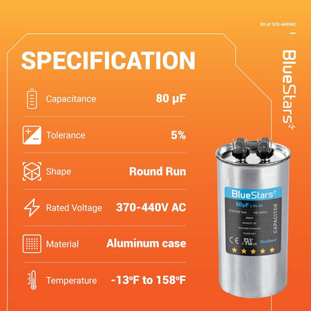 BlueStars 80uF 370/440VAC round run capacitor specification chart with technical details and product image.