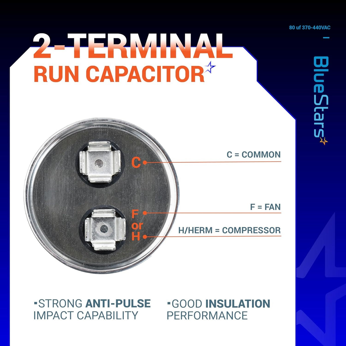 Top view of 80 uF CBB65 round run capacitor showing 2-terminal layout with Common, Fan, and Compressor labels.
