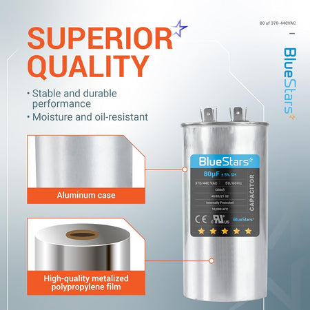 Infographic showing 80 uF CBB65 round run capacitor features including aluminum case and metalized film construction.