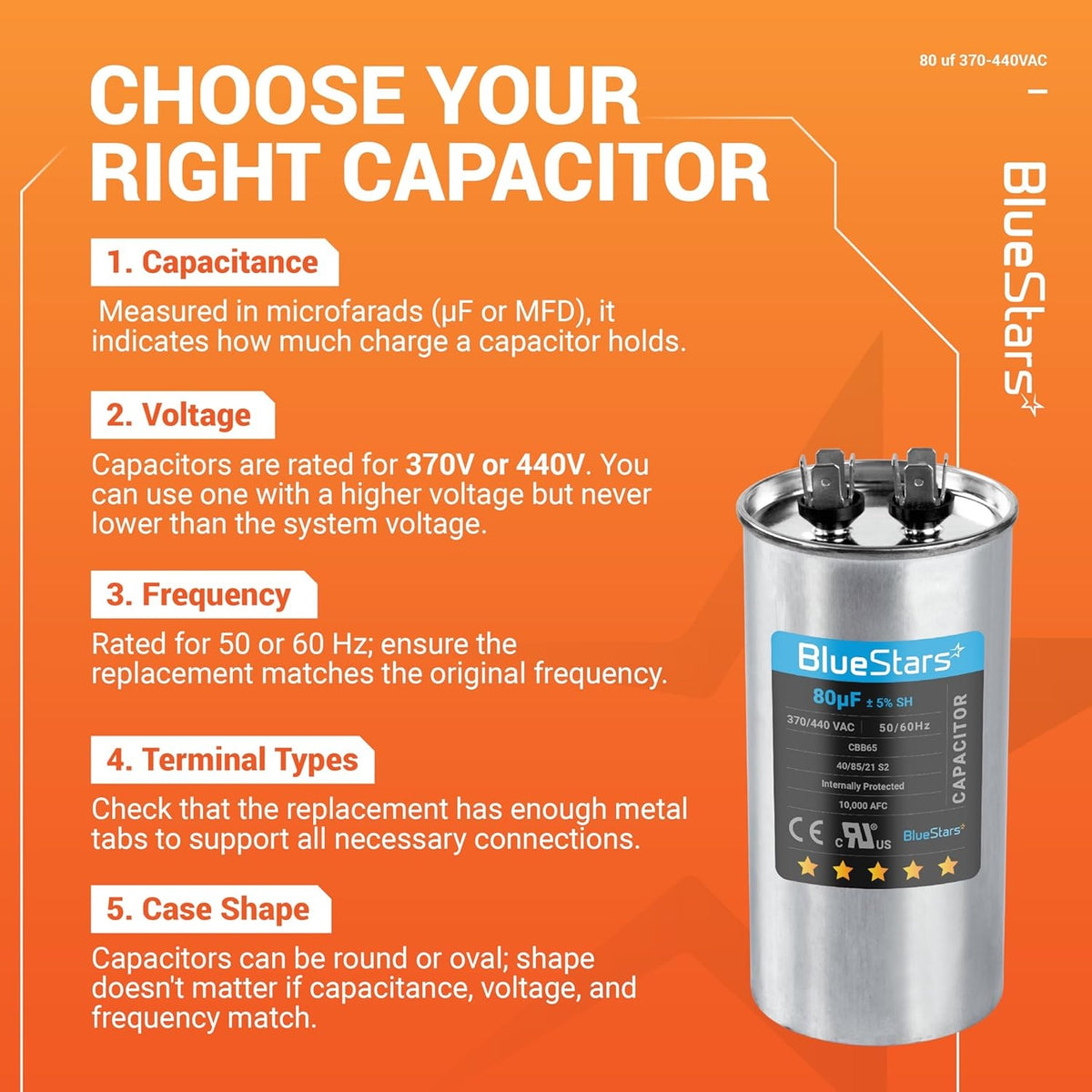 Infographic showing 80 uF 370/440 VAC CBB65 round run capacitor specifications and selection guide.