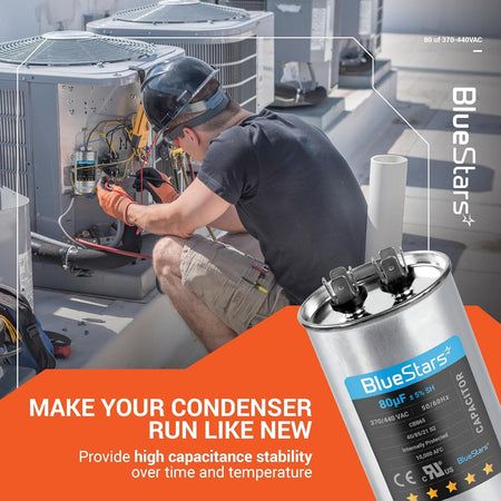 Technician installing an 80 uF 370/440 VAC CBB65 round run capacitor into an AC condenser unit.