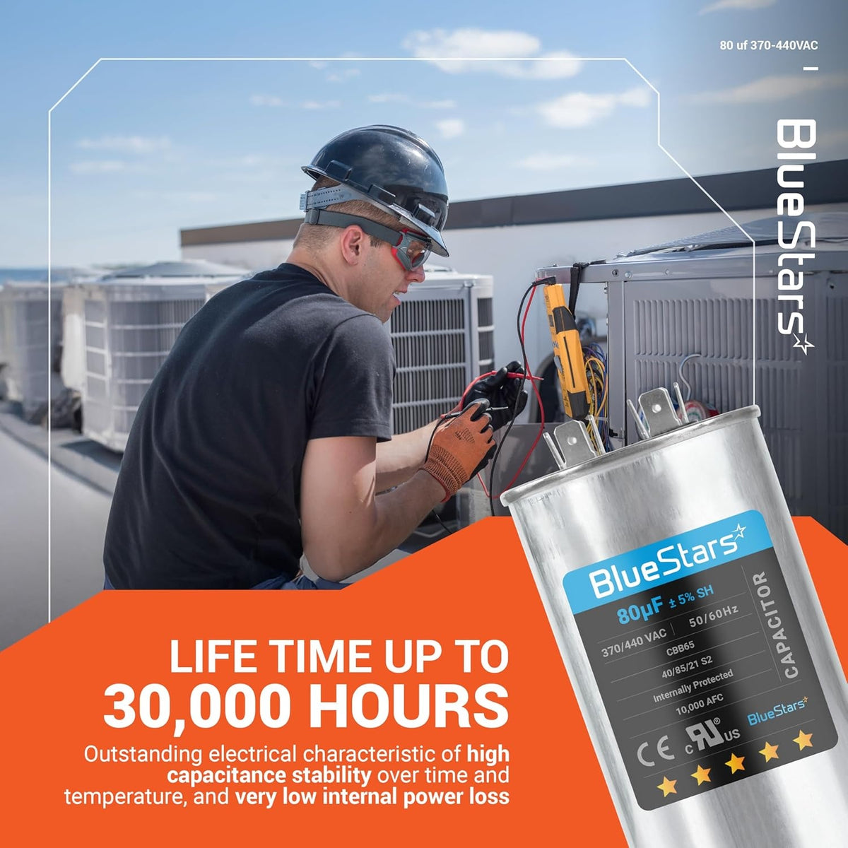 80 uF CBB65 round run capacitor for AC motors shown with technician servicing an HVAC unit.