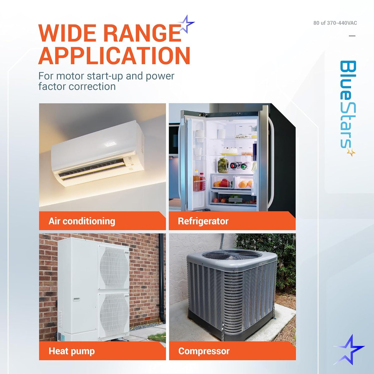 Infographic showing 80 uF capacitor applications for AC, refrigerator, heat pump, and compressor motor start-up.