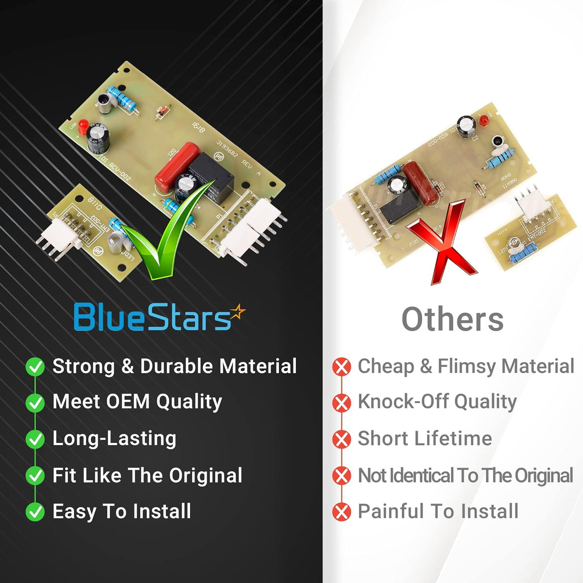 Comparison chart of BlueStars refrigerator ice maker sensor control board kit versus generic alternatives.