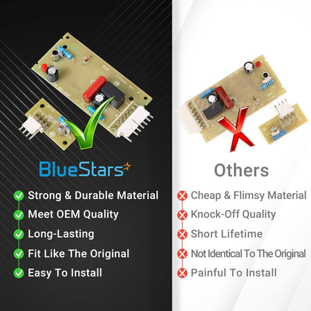 Comparison chart of BlueStars refrigerator ice maker sensor control board kit versus generic alternatives.