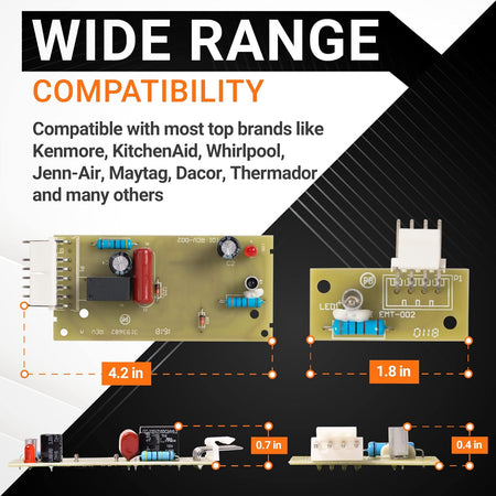Refrigerator ice maker sensor control board kit showing dimensions and compatibility for Whirlpool and Kenmore appliances.