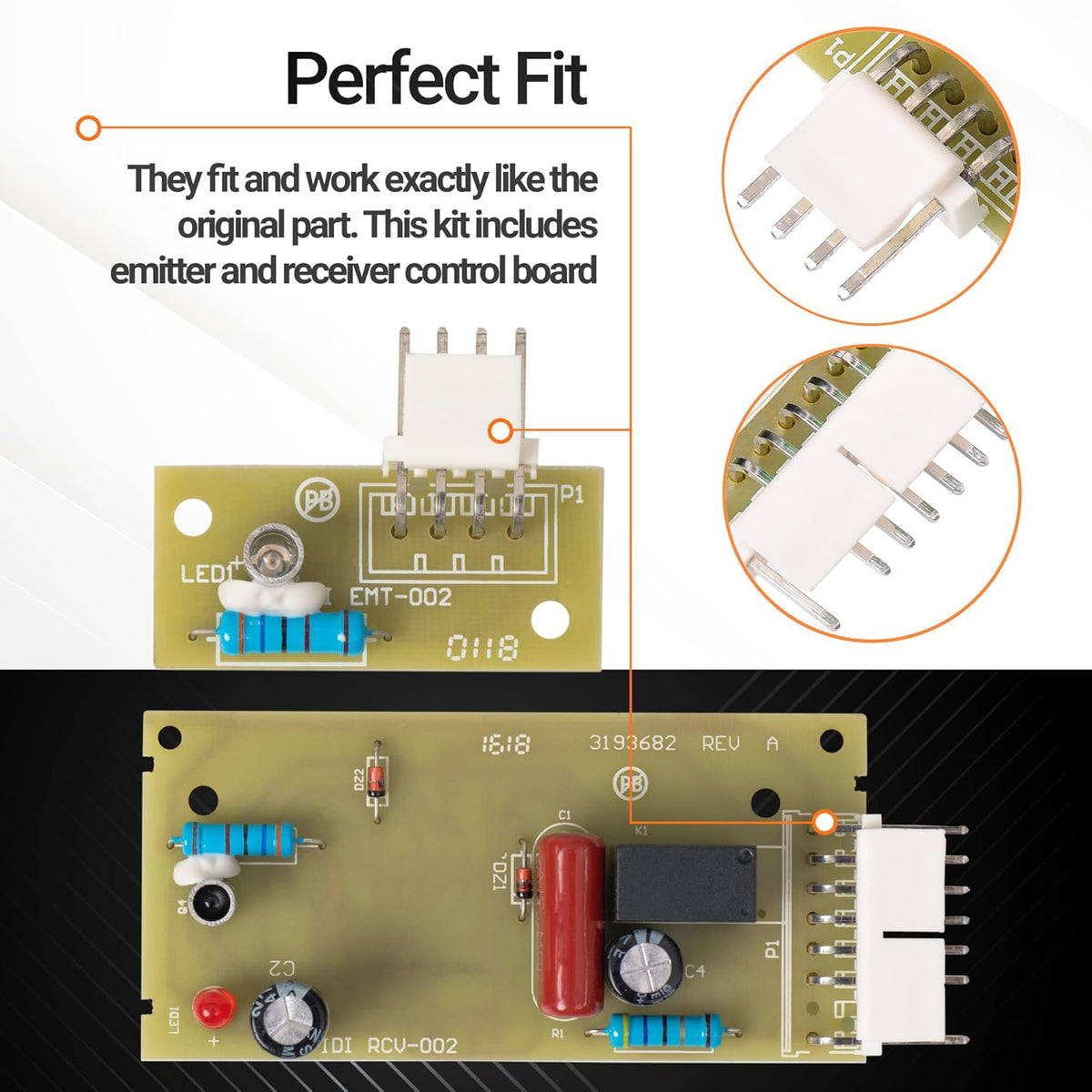 Refrigerator ice maker emitter and receiver control board kit for Whirlpool and Kenmore appliances.