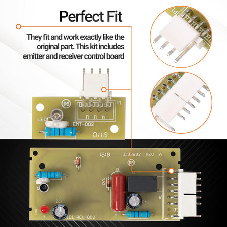 Refrigerator ice maker emitter and receiver control board kit for Whirlpool and Kenmore appliances.