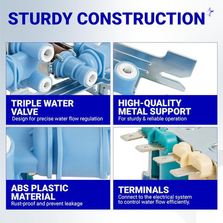Infographic showing construction details of 242252702 refrigerator water inlet valve with metal support and terminals.