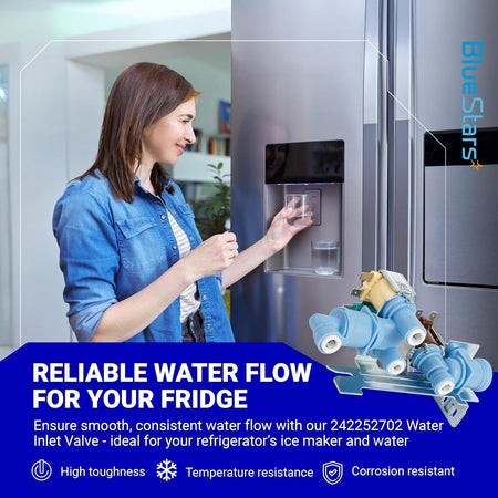 242252702 refrigerator water inlet valve replacement part shown with a woman using a fridge water dispenser.
