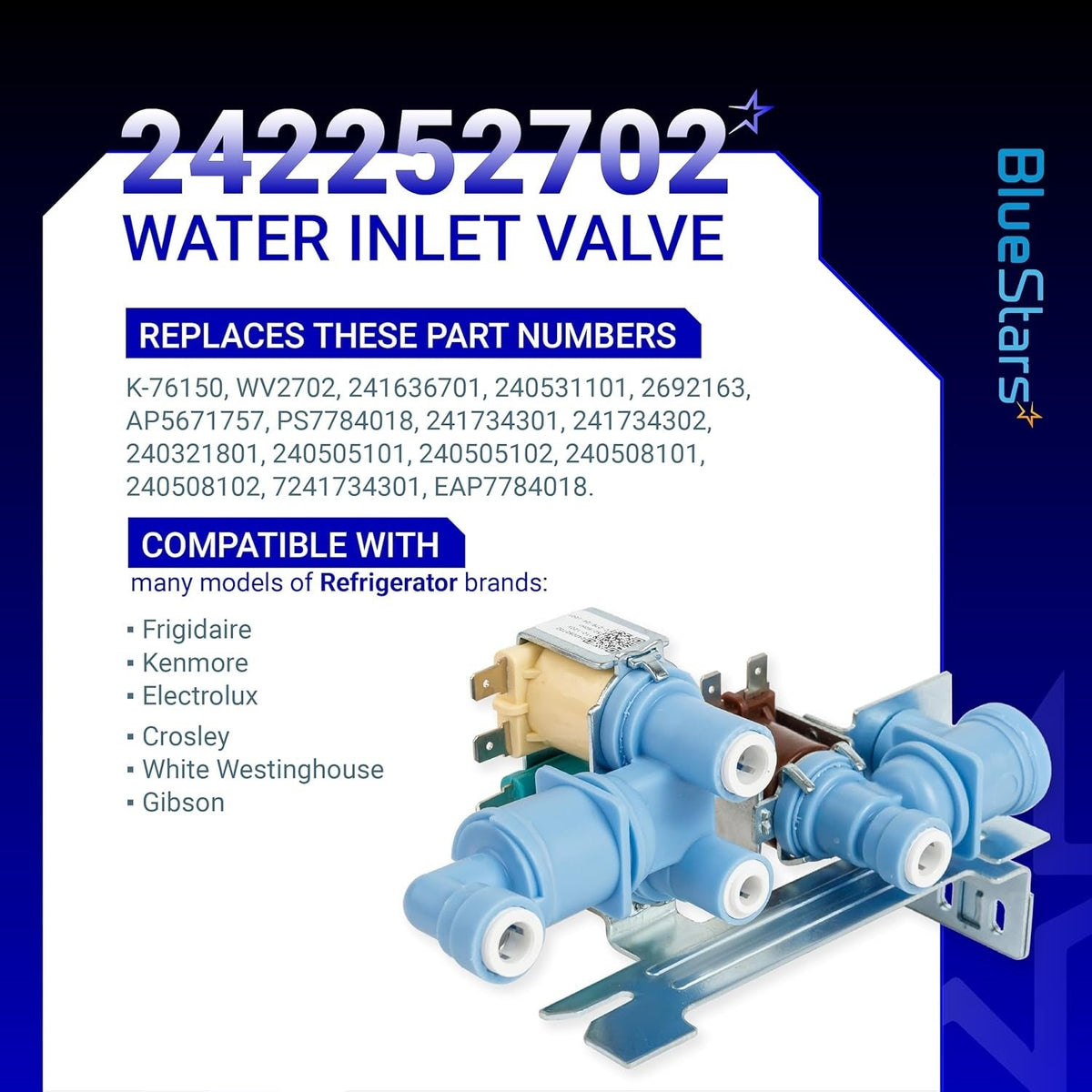 242252702 refrigerator water inlet valve replacement part with compatibility list and part numbers graphic.