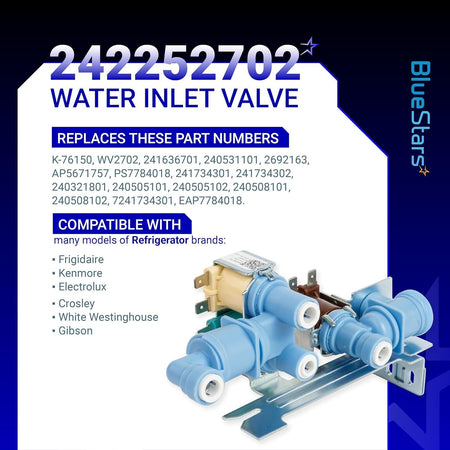 242252702 refrigerator water inlet valve replacement part with compatibility list and part numbers graphic.