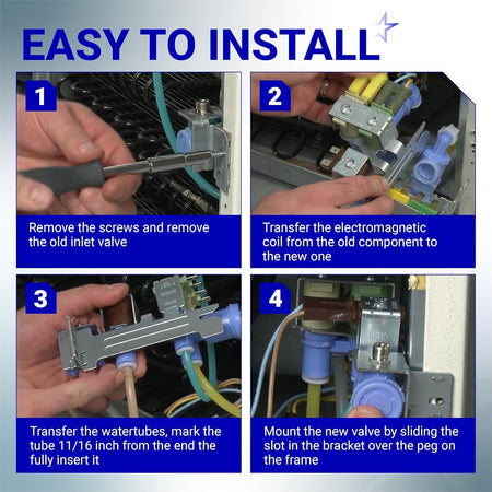 Four-step installation guide for 242252702 refrigerator water inlet valve showing removal and mounting process.