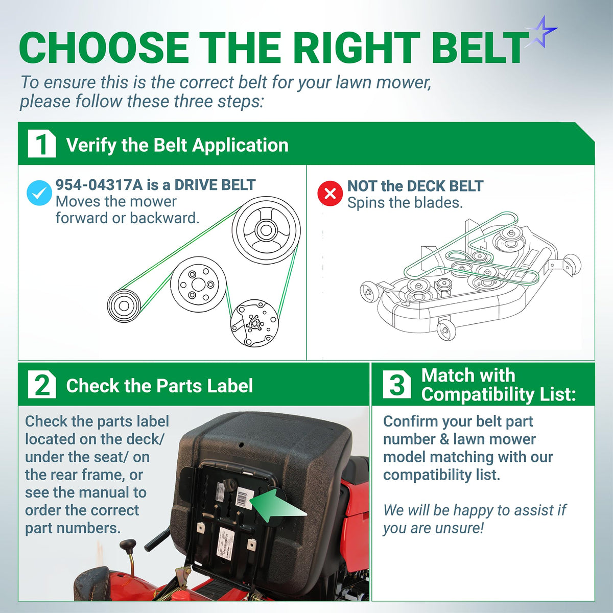 Infographic guide for identifying the correct 954-04317A drive belt for Cub Cadet and MTD lawn mowers.