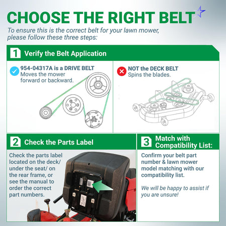 Infographic guide for identifying the correct 954-04317A drive belt for Cub Cadet and MTD lawn mowers.