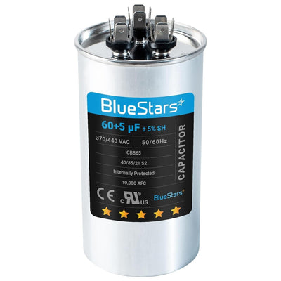 BlueStars 60+5 uF 370/440 VAC round dual run start capacitor for HVAC condenser and heat pump units.