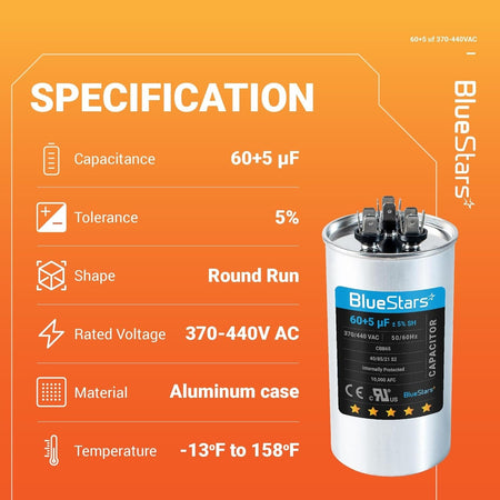 Specification chart for 60+5 uF 370/440 VAC dual run round capacitor with technical details and product image.