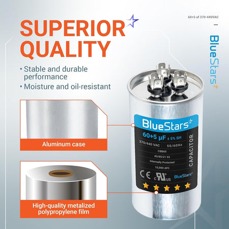 BlueStars 60+5 uF dual run capacitor with aluminum case and metalized polypropylene film construction.