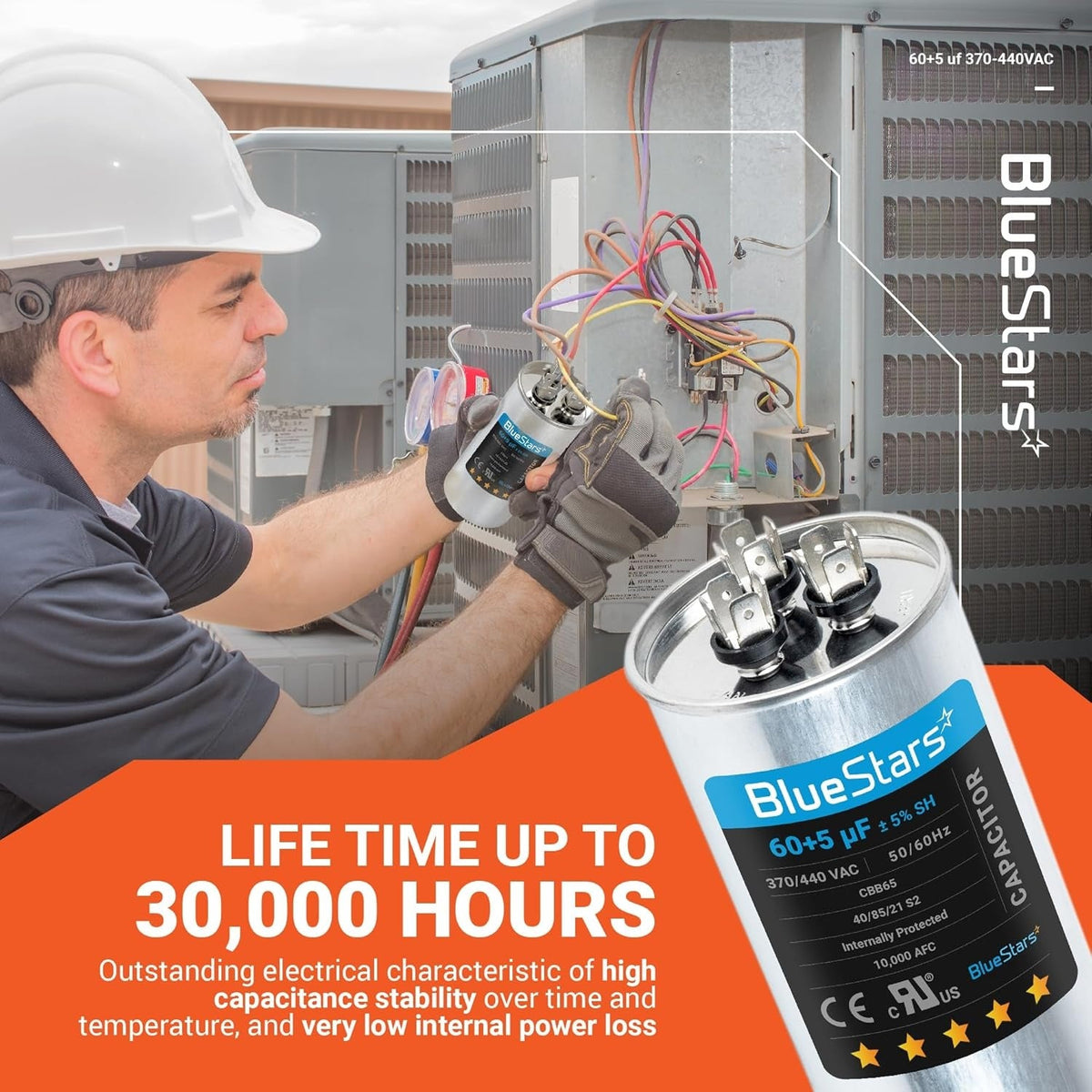 Technician installing a 60+5 uF 370/440 VAC dual run capacitor into an HVAC condenser unit.