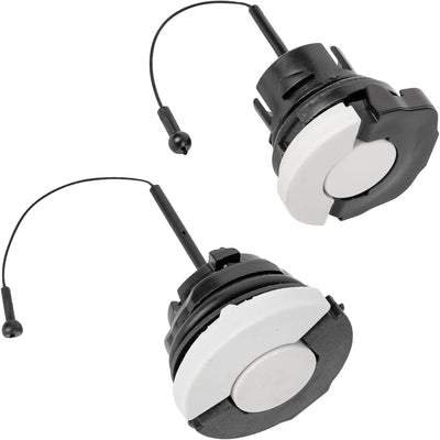 Two replacement fuel and oil caps with tether cords for Stihl chainsaws.