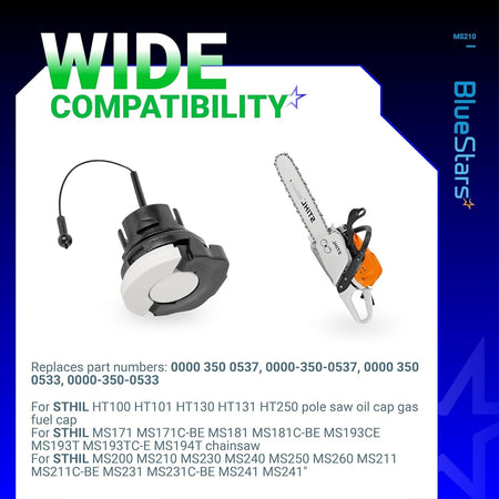 Replacement fuel and oil cap for Stihl chainsaws with wide compatibility list and part number reference.