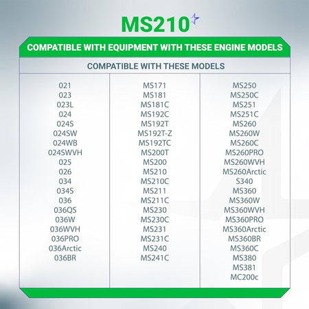 Compatibility chart for MS210 fuel and oil cap listing various Stihl chainsaw engine models.