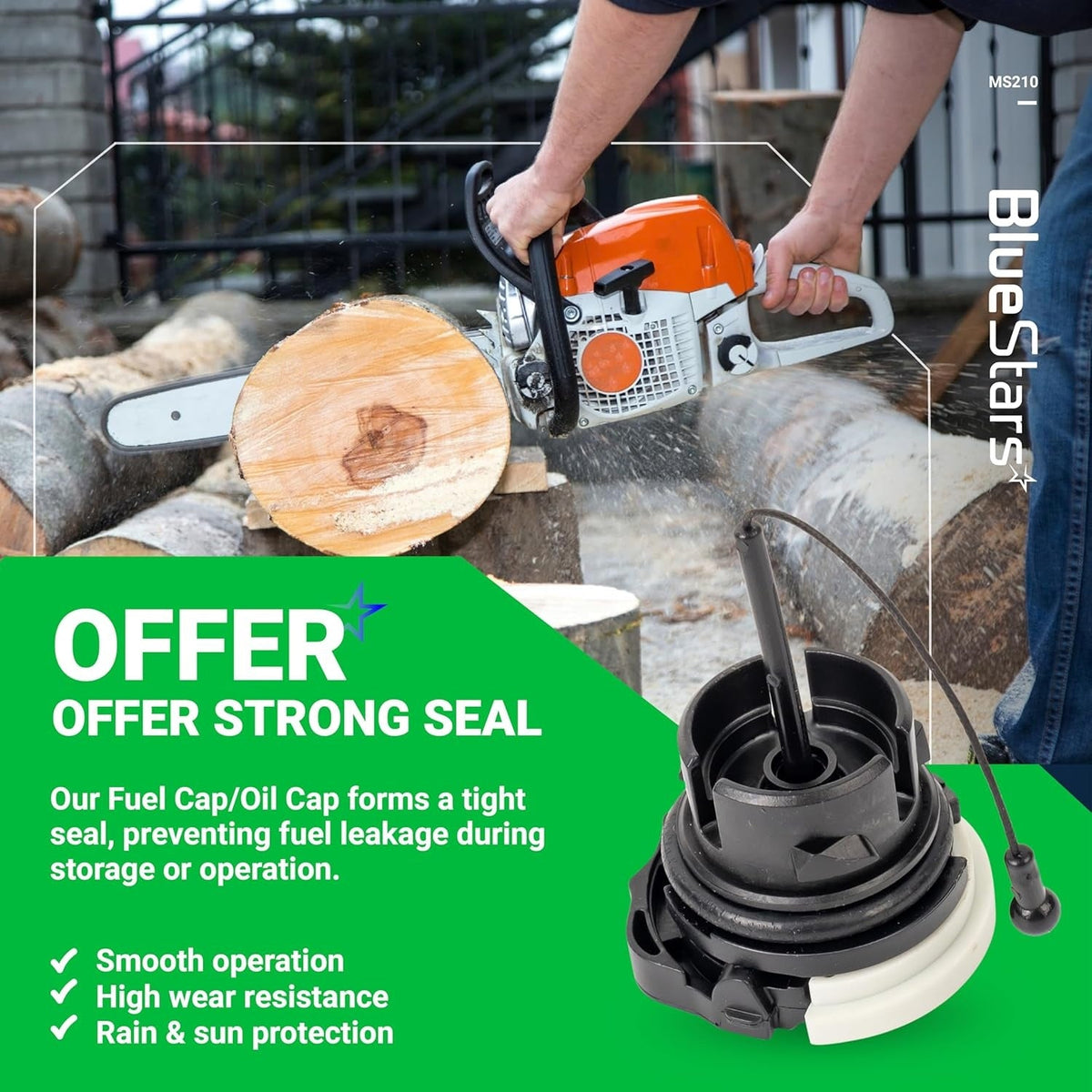 Replacement fuel and oil cap for Stihl chainsaws shown with a person operating a saw in the background.