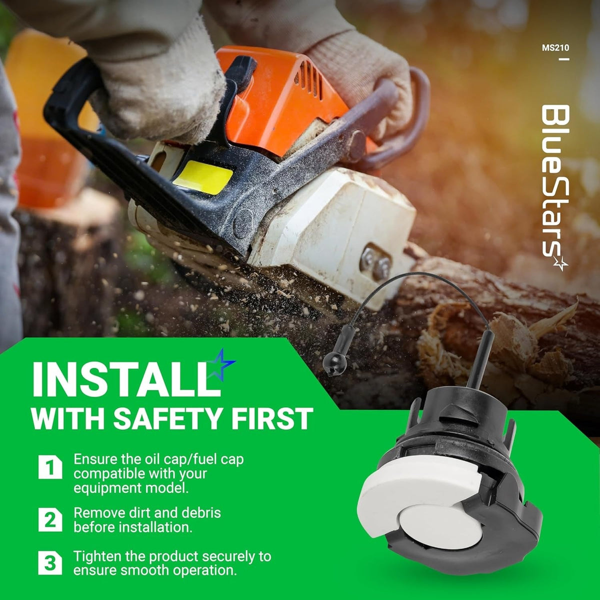 Replacement fuel and oil cap for Stihl MS210 chainsaw with installation safety instructions graphic.