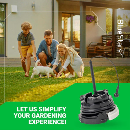 Replacement fuel and oil cap for Stihl MS210 chainsaw with tether, shown in a lifestyle marketing graphic.