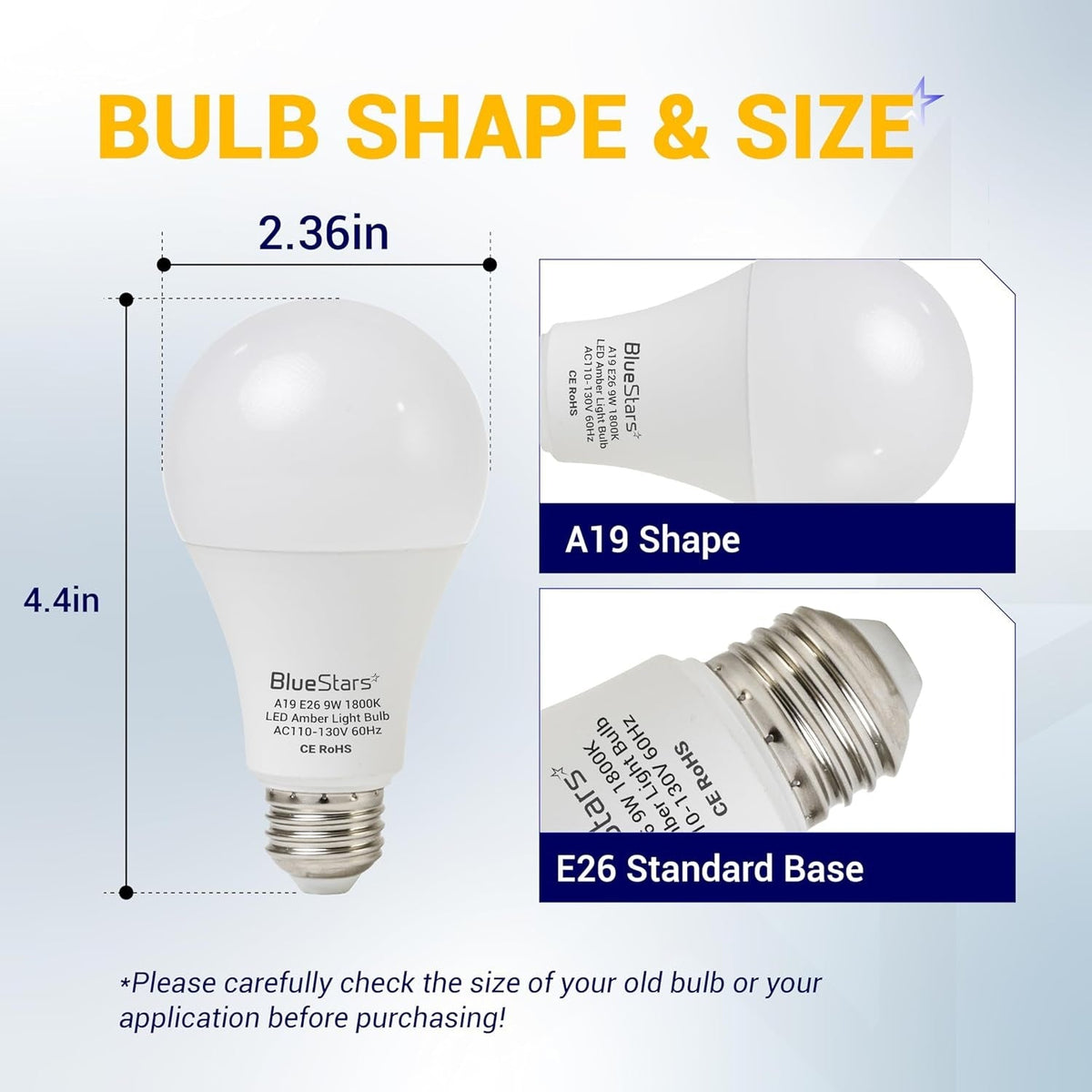 Diagram showing dimensions of A19 amber sleep light bulb with E26 base, 2.36 inches wide and 4.4 inches tall.