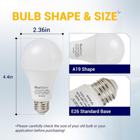 Diagram showing dimensions of A19 amber sleep light bulb with E26 base, 2.36 inches wide and 4.4 inches tall.