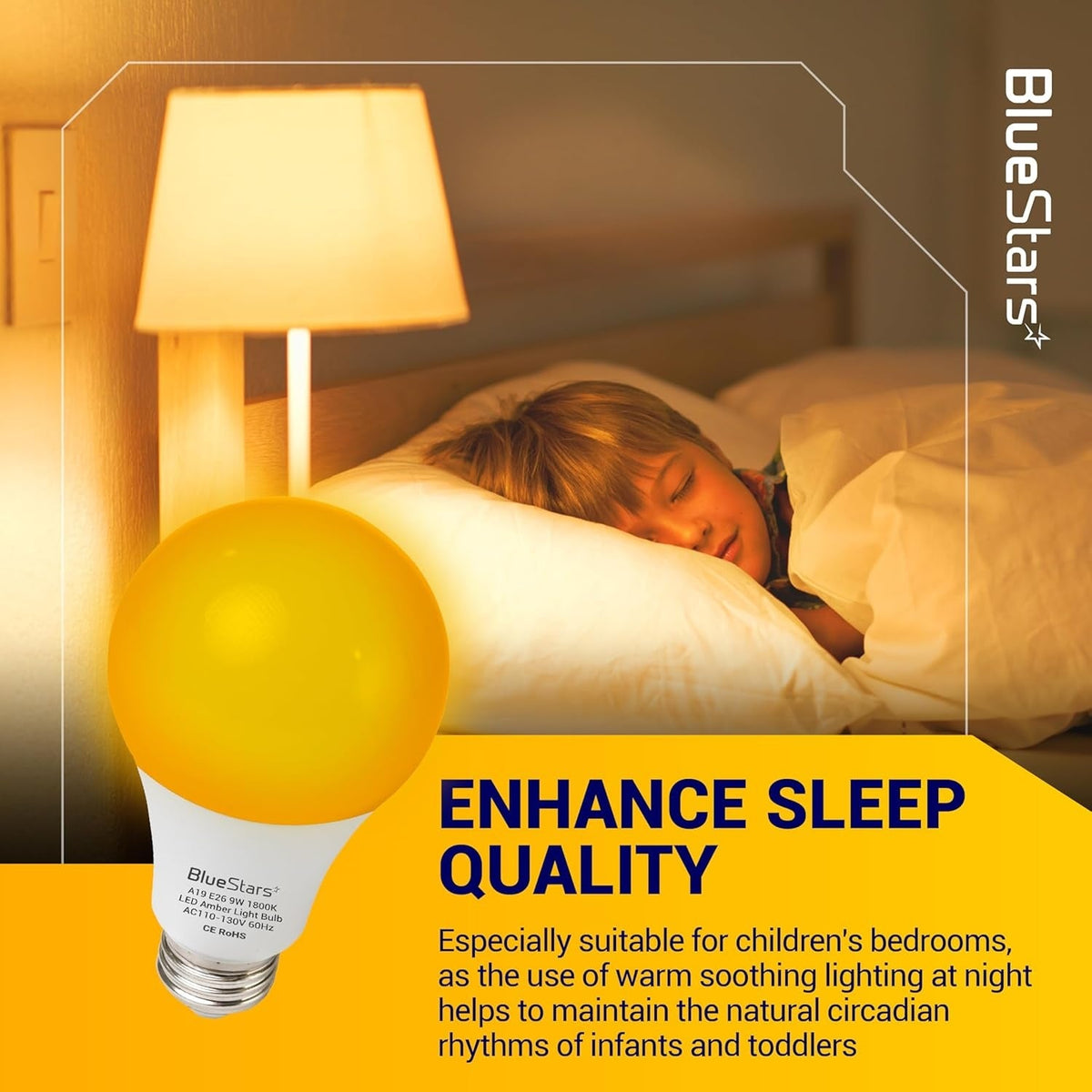 BlueStars A19 9W amber sleep light bulb with E26 base shown in a bedroom setting to promote better sleep quality.