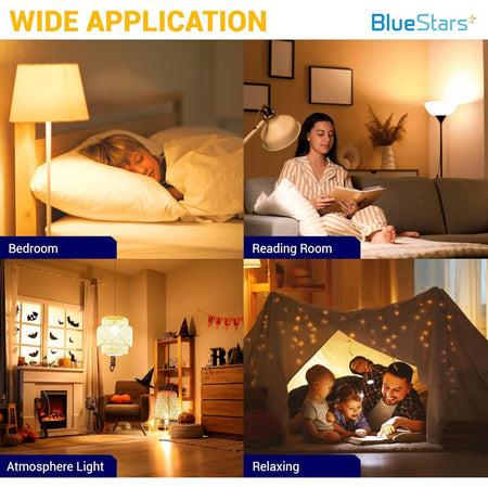 Collage showing wide application of amber blue light blocking sleep bulbs in bedrooms, reading rooms, and living spaces.