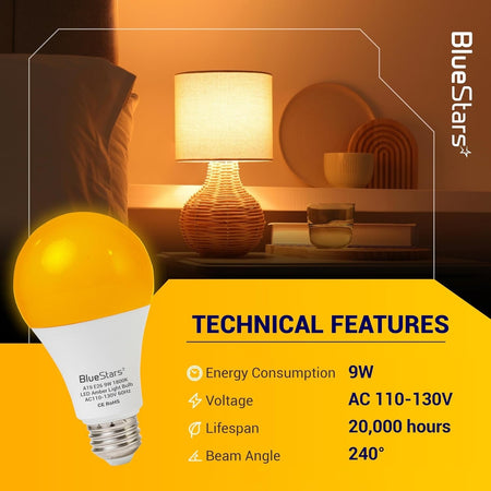 BlueStars 9W A19 amber sleep light bulb with E26 base and technical specifications infographic.