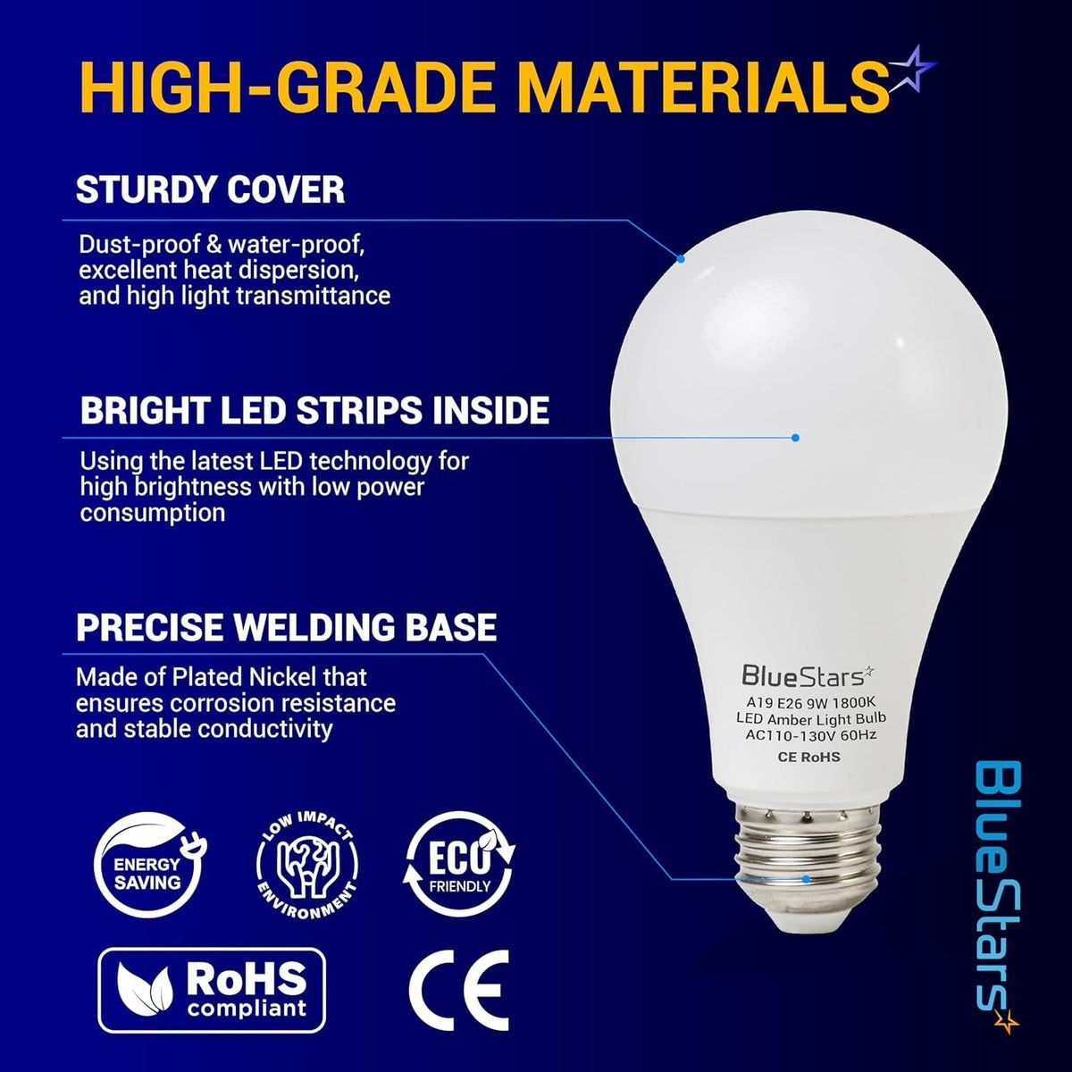 Infographic showing construction features of an A19 9W amber sleep LED light bulb with E26 base.