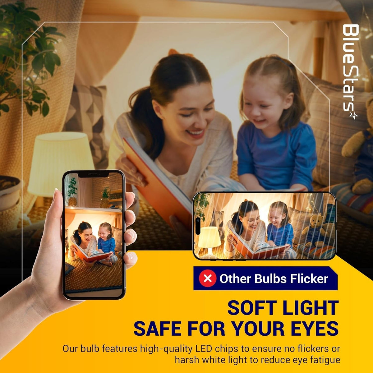 Comparison graphic showing flicker-free amber sleep light bulbs creating a soft, eye-friendly environment for reading.