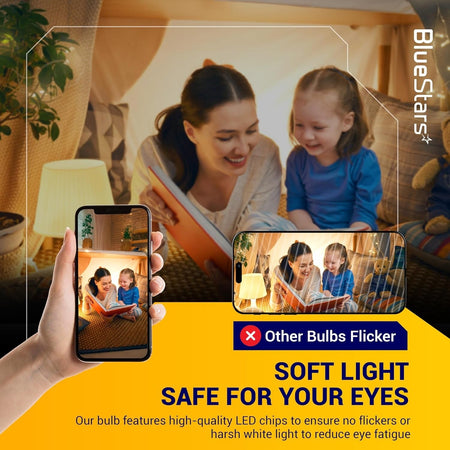Comparison graphic showing flicker-free amber sleep light bulbs creating a soft, eye-friendly environment for reading.