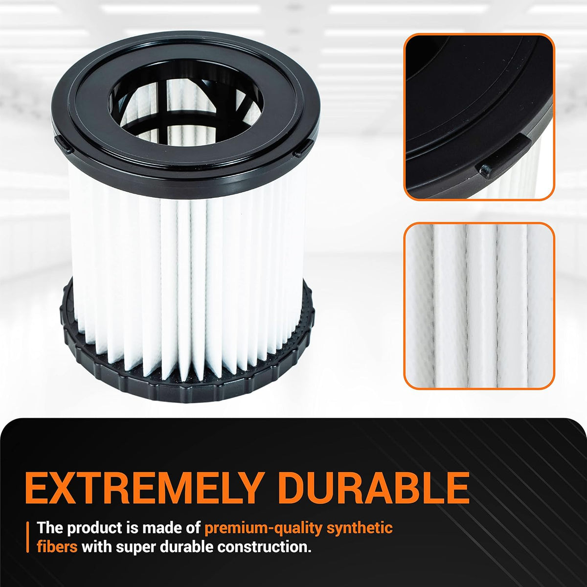 Replacement filter for DEWALT DCV580H and DCV581H shop vacuums showing pleated synthetic fiber construction.