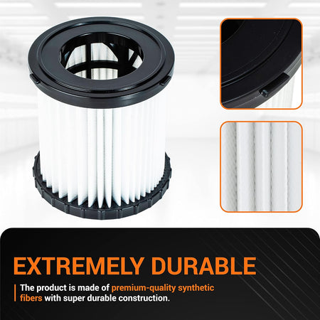 Replacement filter for DEWALT DCV580H and DCV581H shop vacuums showing pleated synthetic fiber construction.