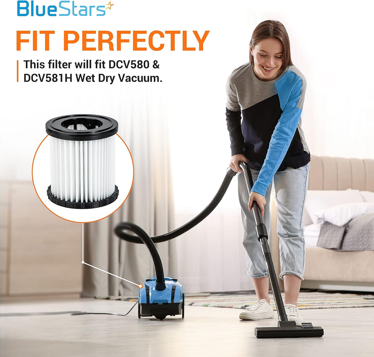 Replacement filter for DEWALT DCV580H and DCV581H shop vacs shown with a woman using the vacuum in a home setting.
