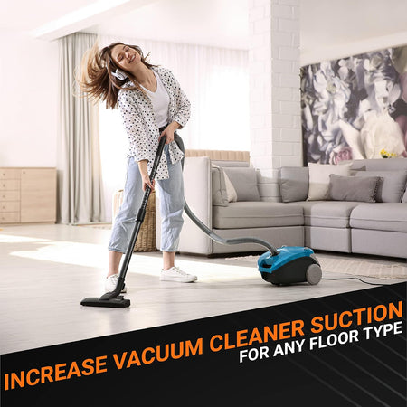 Woman using a portable shop vacuum to clean floors, highlighting improved suction for DEWALT DCV580H and DCV581H models.