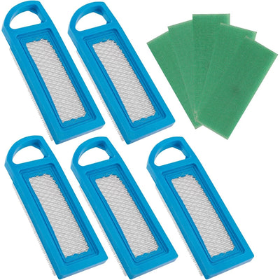 Pack of 5 lawn mower air filters with blue frames and green pre-cleaners for John Deere and Craftsman mowers.