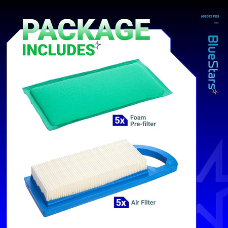 Set of 5 air filters and 5 foam pre-filters for John Deere and Craftsman riding lawn mowers.