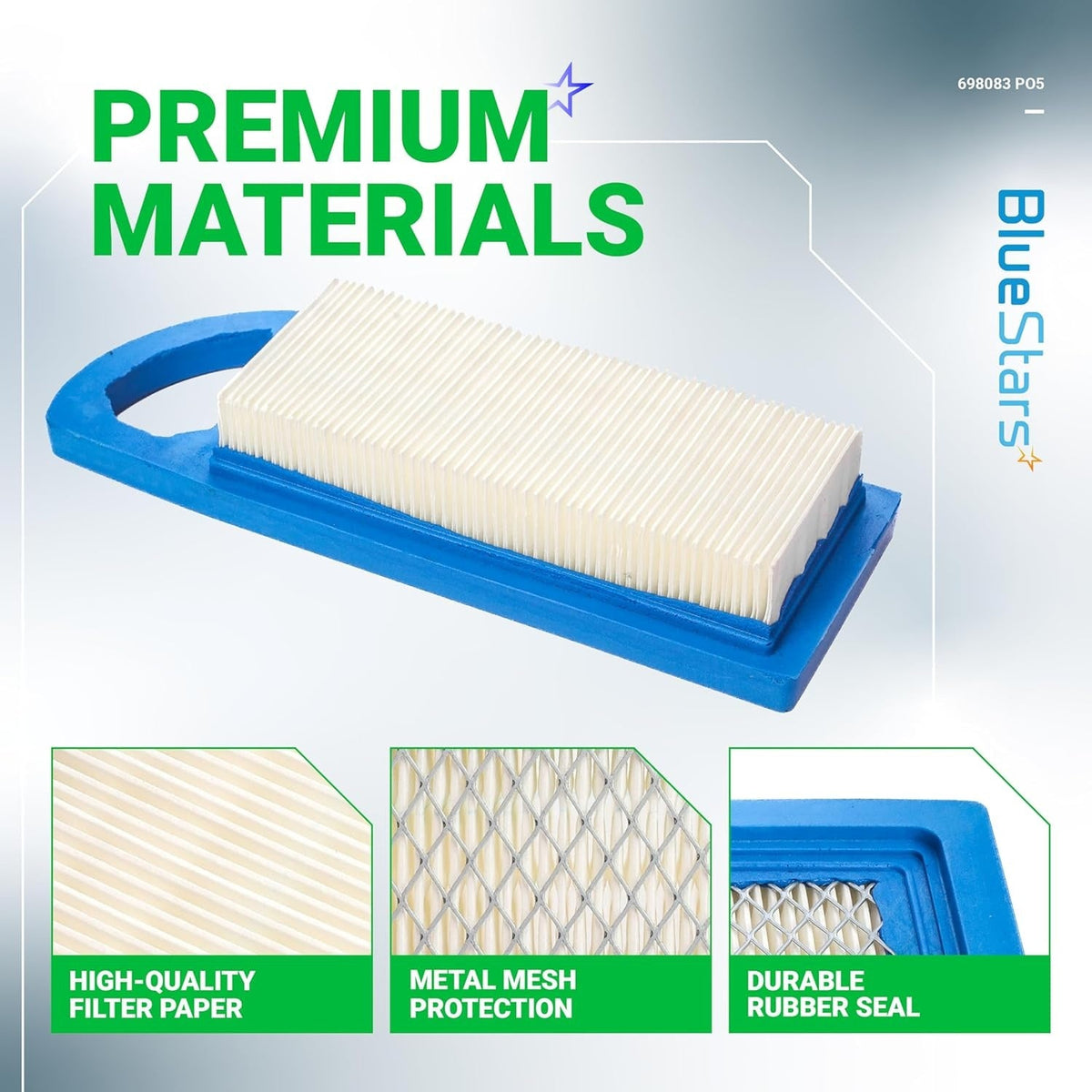 BlueStars 698083 air filter for riding lawn mowers showing filter paper, metal mesh, and rubber seal construction details.