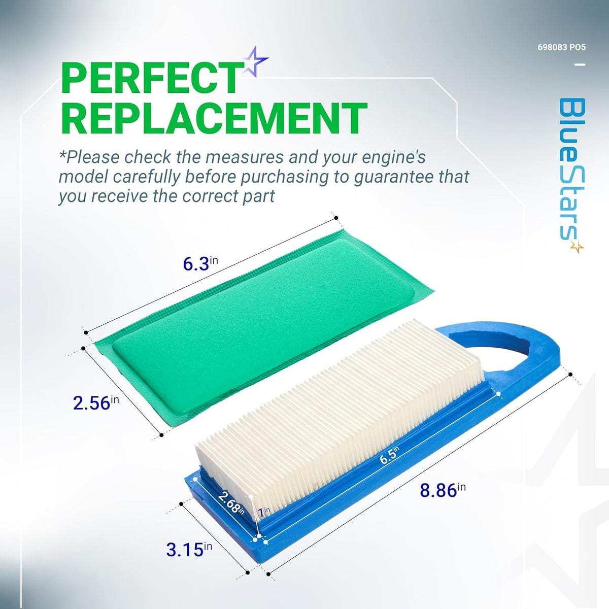 Dimensional diagram of 698083 air filter and pre-cleaner for John Deere and Craftsman riding lawn mowers.