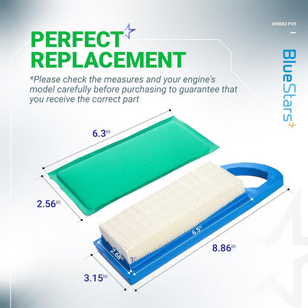Dimensional diagram of 698083 air filter and pre-cleaner for John Deere and Craftsman riding lawn mowers.