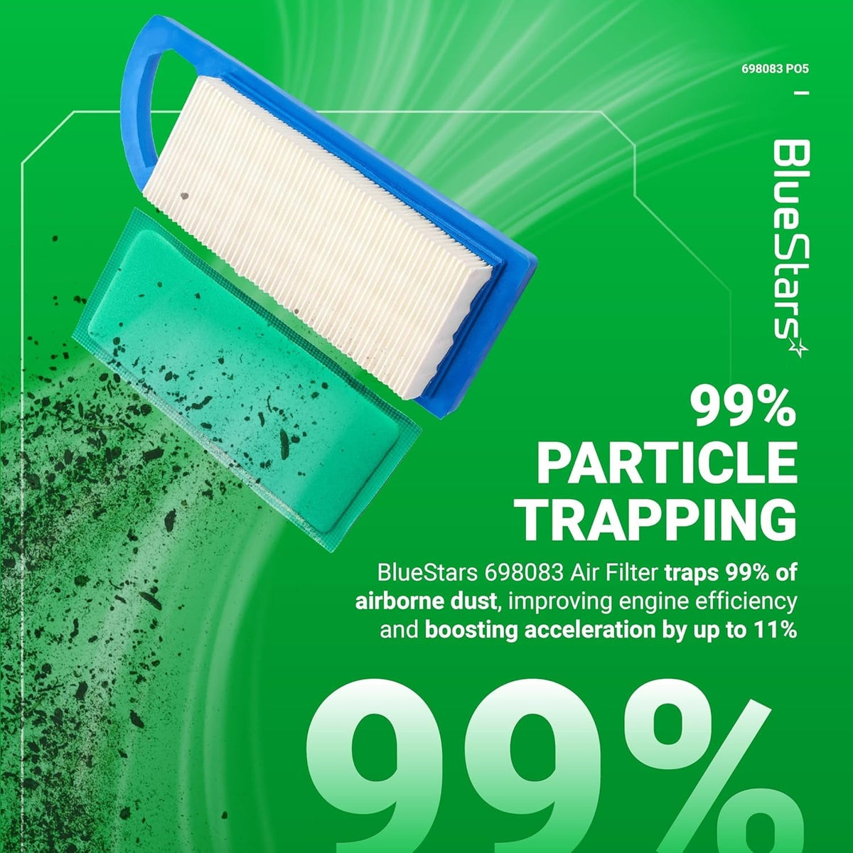 BlueStars 698083 air filter and pre-cleaner showing 99% particle trapping efficiency for riding lawn mowers.